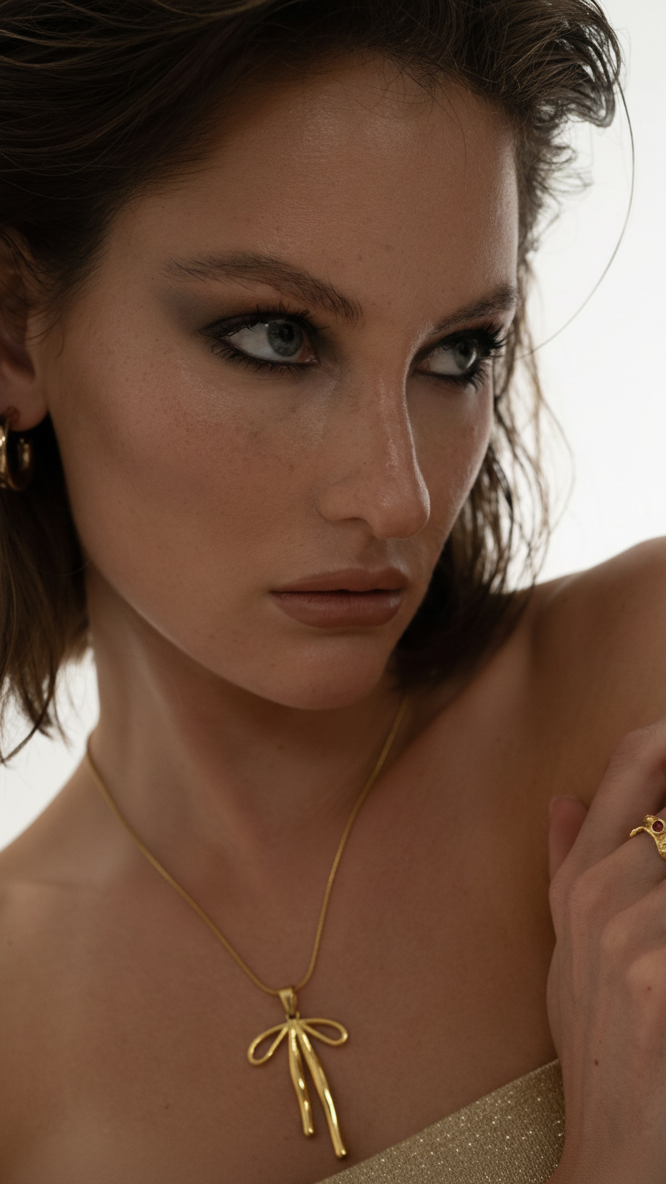 قلادة كوليت على شكل فيونكة شريطية - مصنوعة من الفولاذ المقاوم للصدأ المطلي بالذهب عيار 18 قيراطًا والمضاد للتشوه