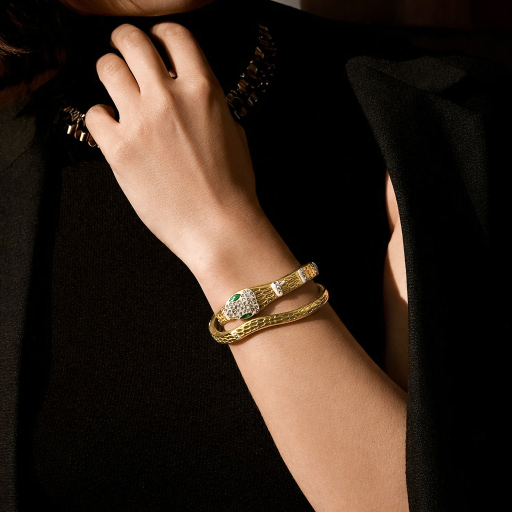 Serpentine Emerald-Eye Bangle – Anti-Tarnish Gold Stainless Steel