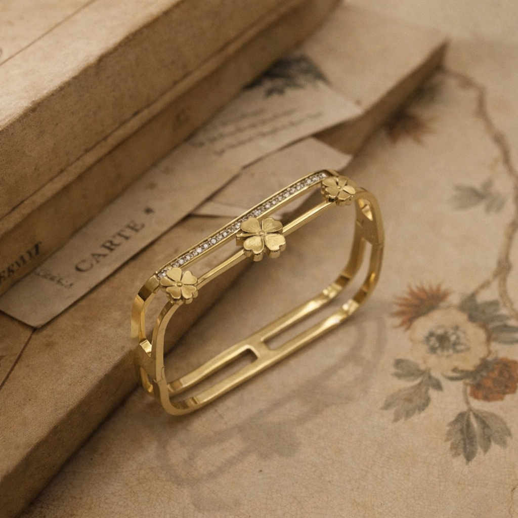 Roman Radiance Pavé Bangle – Square Triple-Band 18K Gold Anti-Tarnish Bangle