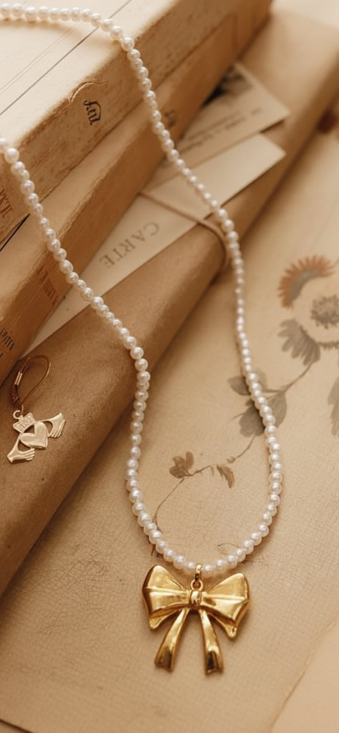 Colette Pearl Bow Necklace – 18K Gold Plated Stainless Steel & White Pearl