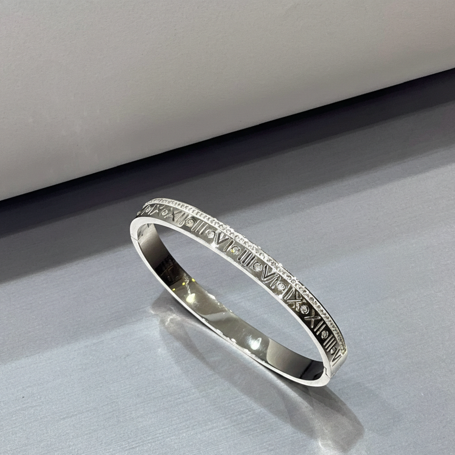 Roman Radiance Zirconia Bangle – Free Size Anti-Tarnish 18K Silver Steel
