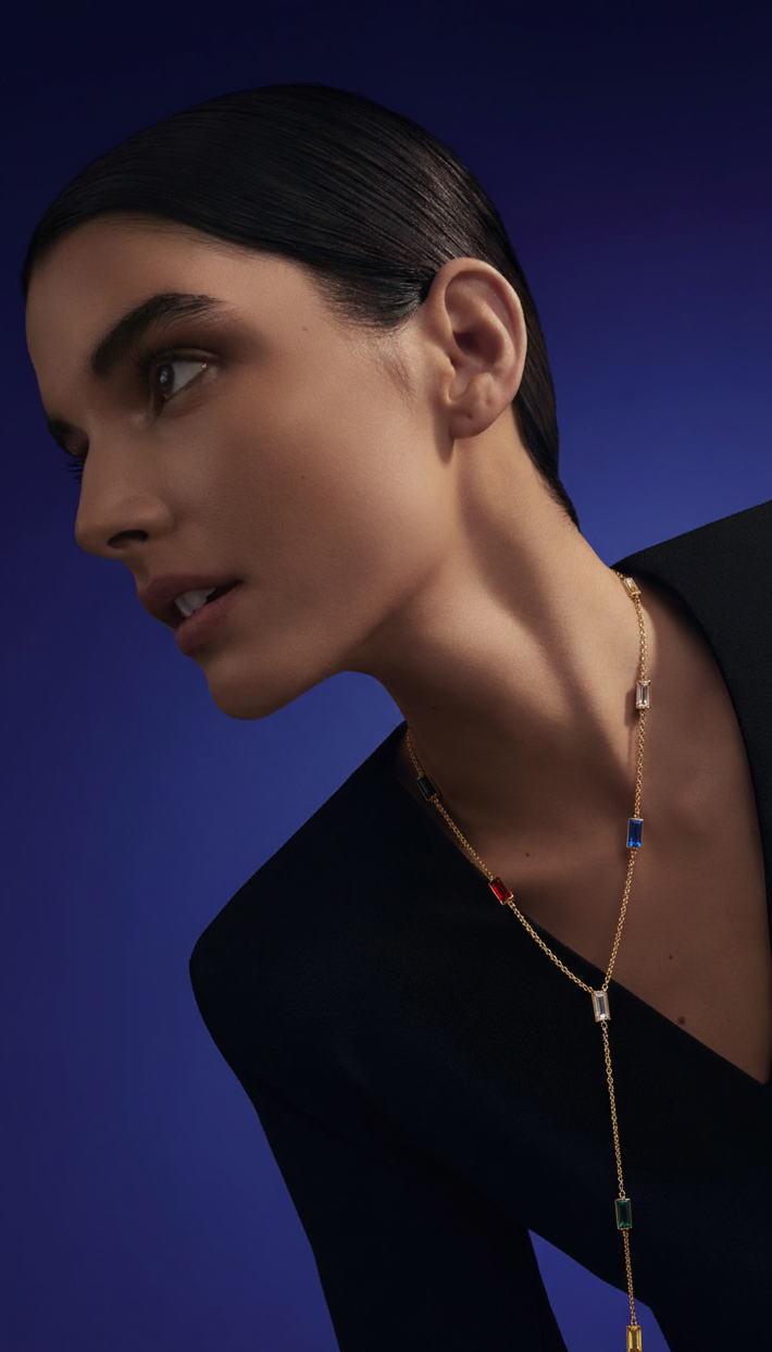 Spectrum Baguette Drop Necklace – Multi-Zirconia Chain – 18K Gold Plated Stainless Steel