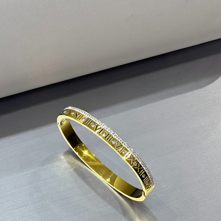 Roman Radiance Zirconia Bangle – Free Size Anti-Tarnish 18K Gold Steel
