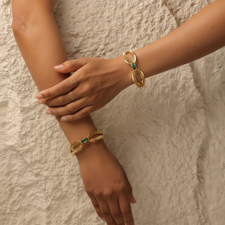 Emerald Horizon Bangle – Triple-Row Green Zirconia 18K Gold Anti-Tarnish Bracelet