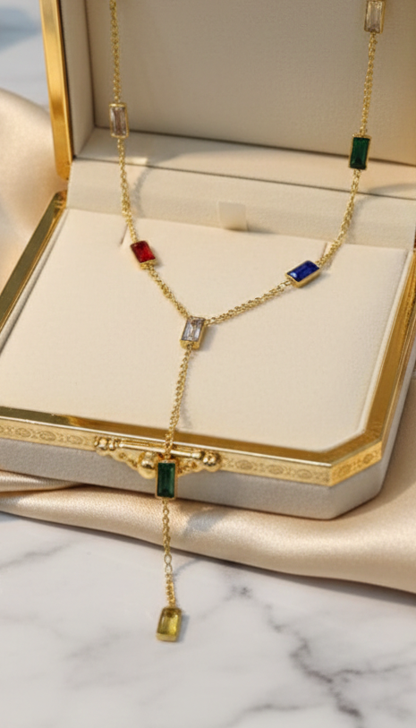 Spectrum Baguette Drop Necklace – Multi-Zirconia Chain – 18K Gold Plated Stainless Steel