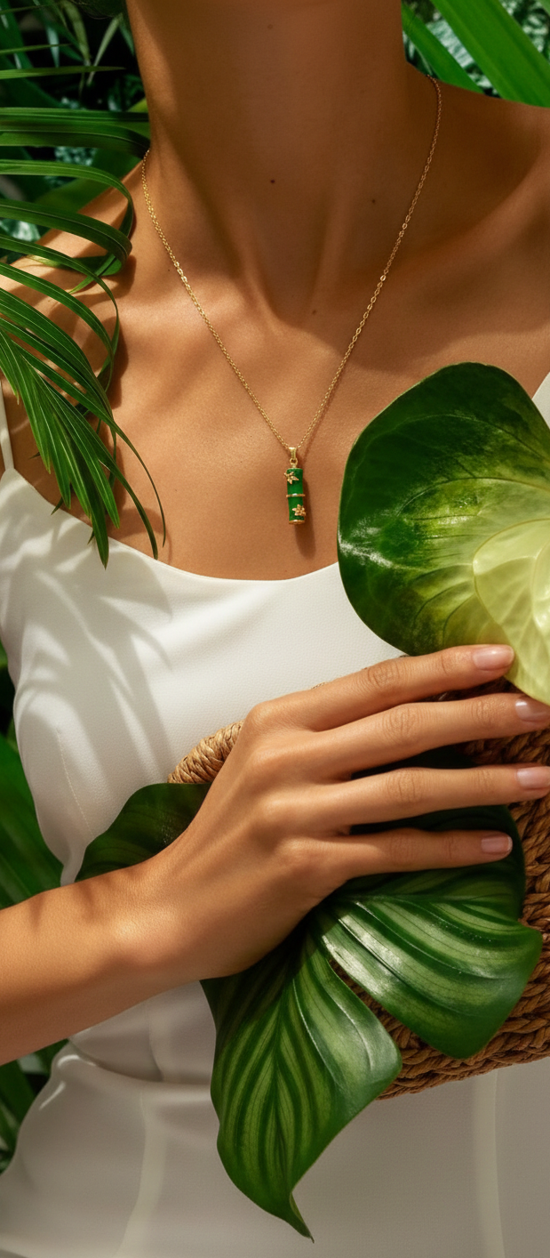 Emerald Bamboo Amulet – 18K Gold Plated Anti-Tarnish Green Enamel Pendant